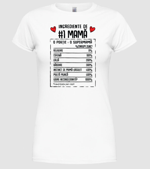 Ingrediente de Mamă - o porție : o supermamă - %consum zilnic* relaxare, cofeină, grijă, răbdare, instinct de mamă-ursuleț, mult model alb pe tricou