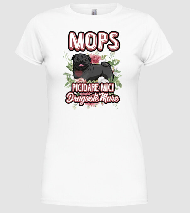 Mops negru picioare mici dragoste mare model alb pe tricou