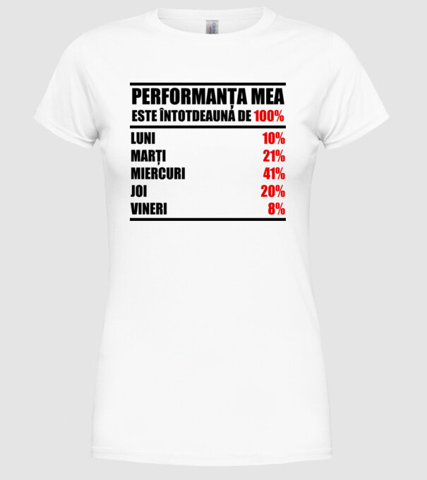 performanța mea este întotdeauna de 100% : luni, marți, miercuri, joi, vineri model alb pe tricou