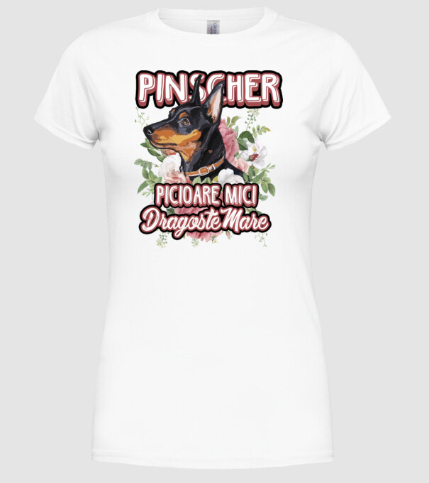 Pinscher picioare mici dragoste mare model alb pe tricou