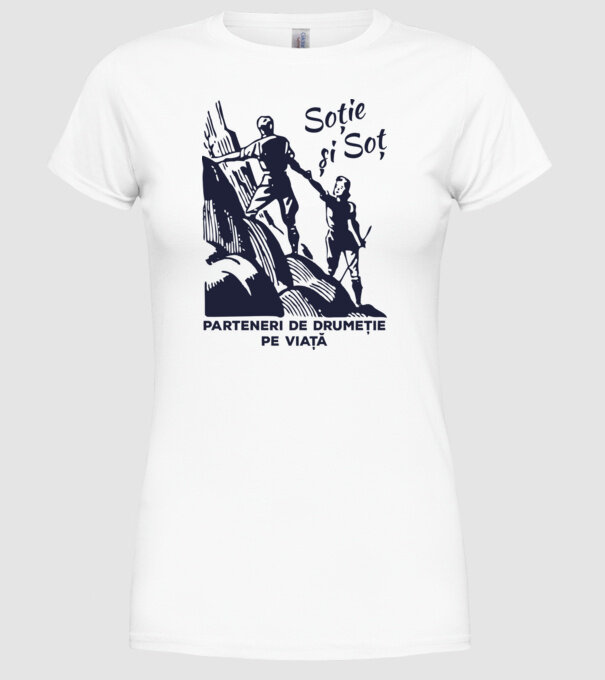 soție și soț - parteneri de drumeție pe viață model alb pe tricou