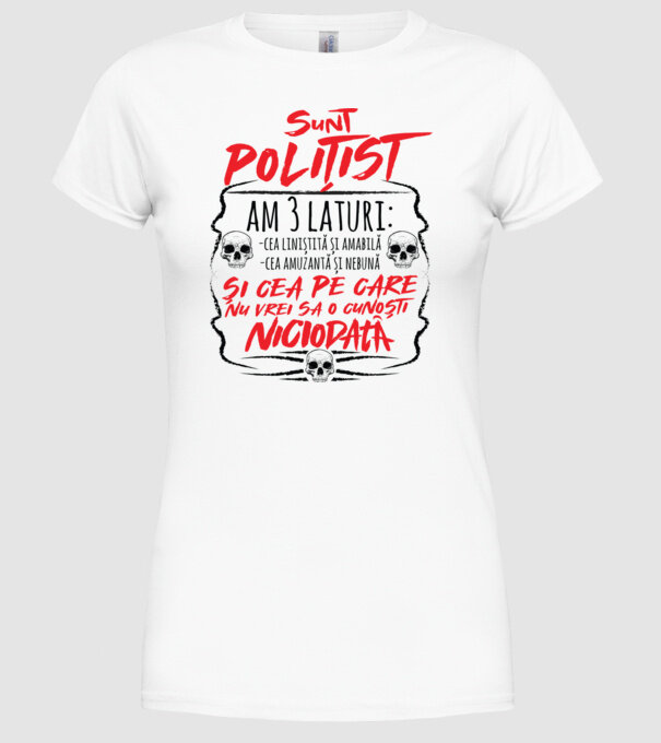 sunt polițist am 3 laturi model alb pe tricou