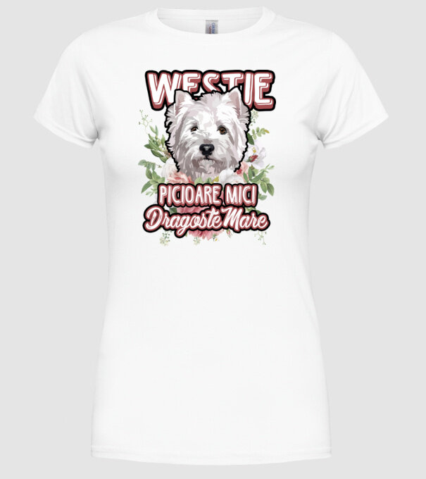 Westie picioare mici dragoste mare model alb pe tricou