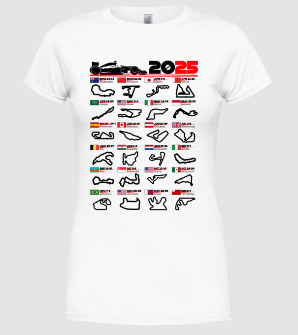 F1 calendar 2025 model alb pe tricou