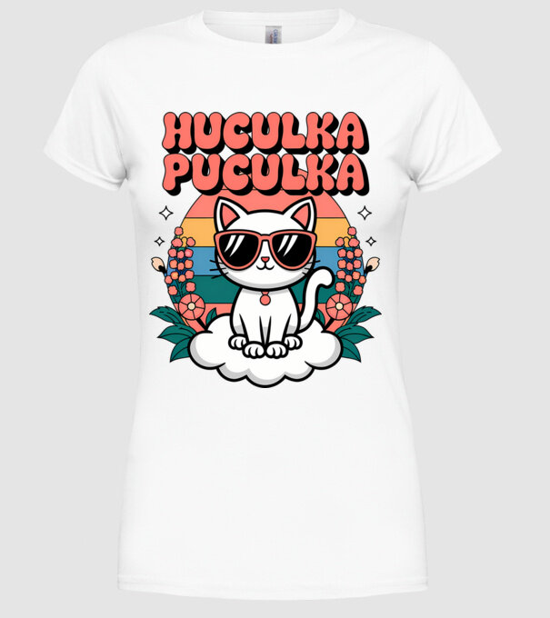 Huculka Puculka pisică 1 model alb pe tricou