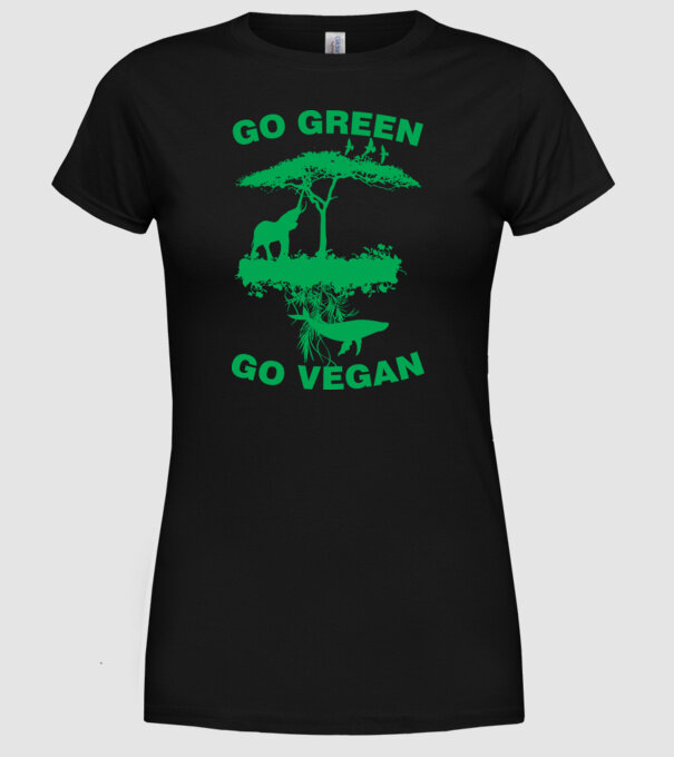 go green go vegan model negru pe tricou