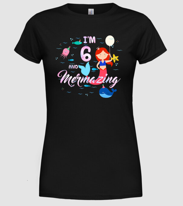 Mermazing Birthday 6 model negru pe tricou