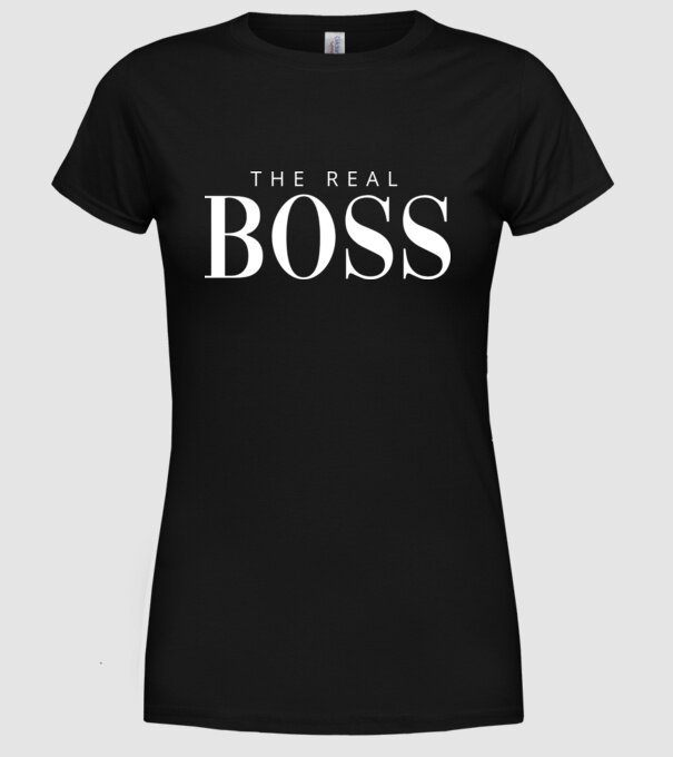 Motiv cuplu The REAL Boss model negru pe tricou
