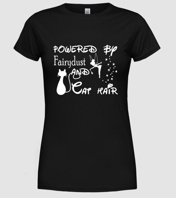 Powered by fairydust and cat hair model negru pe tricou