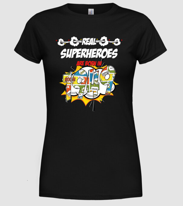 real superheroes are born in 1949 model negru pe tricou