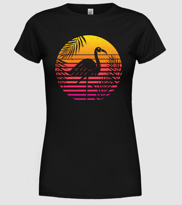 Retro flamingo sunset model negru pe tricou