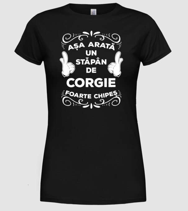Așa arată un stăpân de Corgie foarte chipeș model negru pe tricou