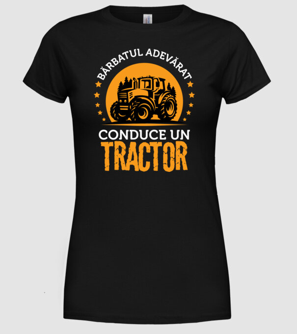Bărbatul adevărat conduce un tractor model negru pe tricou
