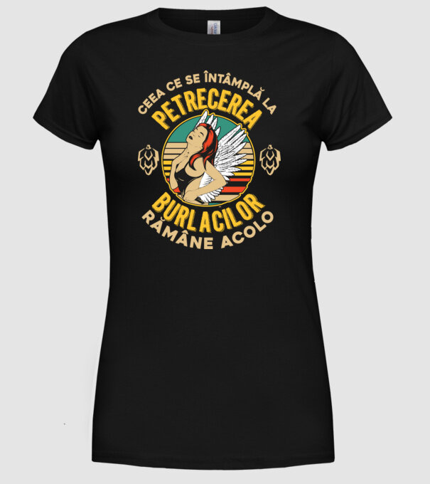 Ceea ce se întâmplă la petrecerea burlacilor rămâne la petrecerea burlacilor model negru pe tricou