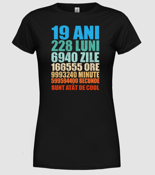 De 19 ani - luni - zile - ore - minute - secunde - sunt atât de cool model negru pe tricou