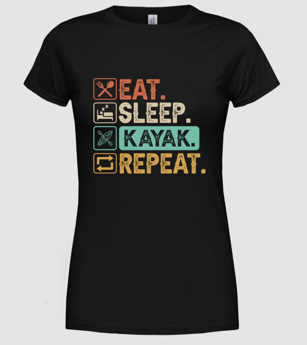 Eat Sleep Kayak model negru pe tricou