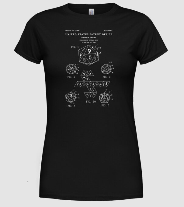 Icosahedron decimal dice patent model negru pe tricou