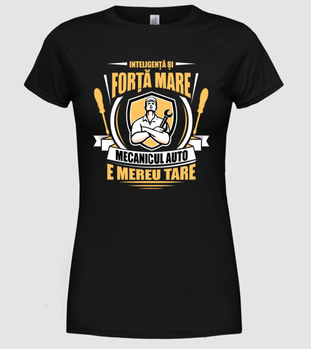 Inteligență și forță mare, mecanicul auto e mereu tare model negru pe tricou