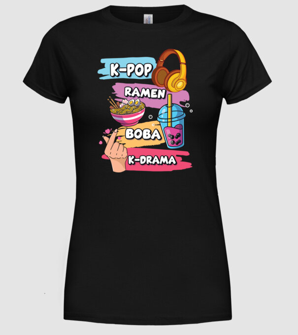 K-POP RAMEN BOBA K-DRAMA model negru pe tricou