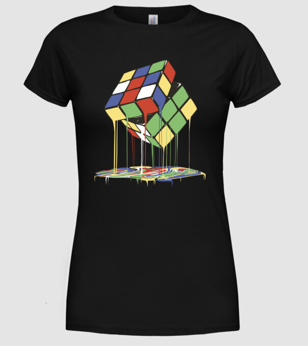 Melting Rubik cube model negru pe tricou