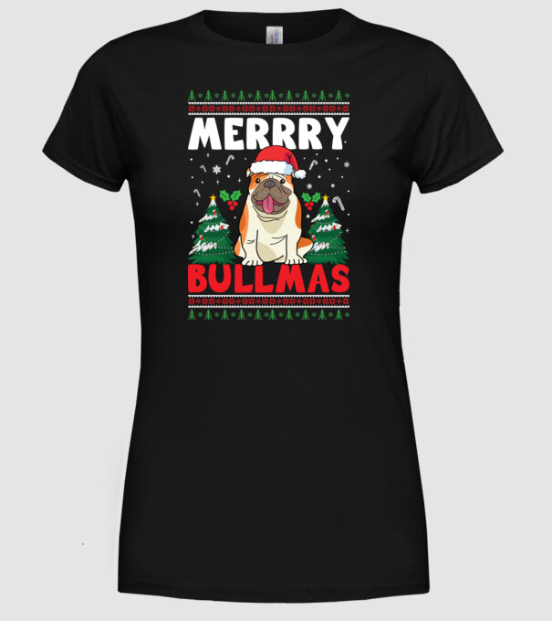 Merry bullmas ugly sweater model negru pe tricou