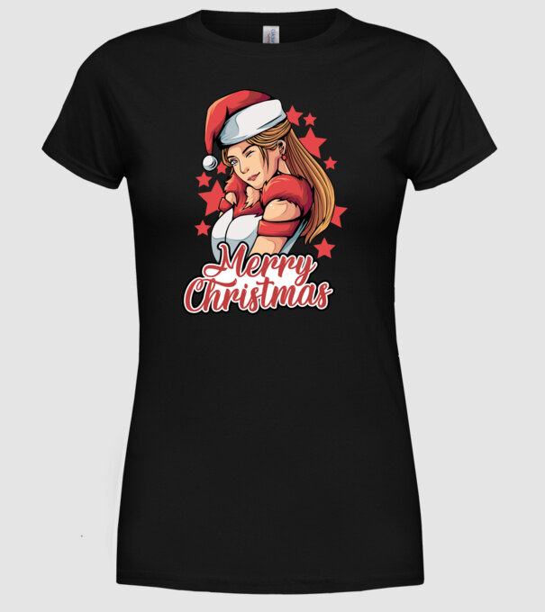 Merry christmas santa girl model negru pe tricou