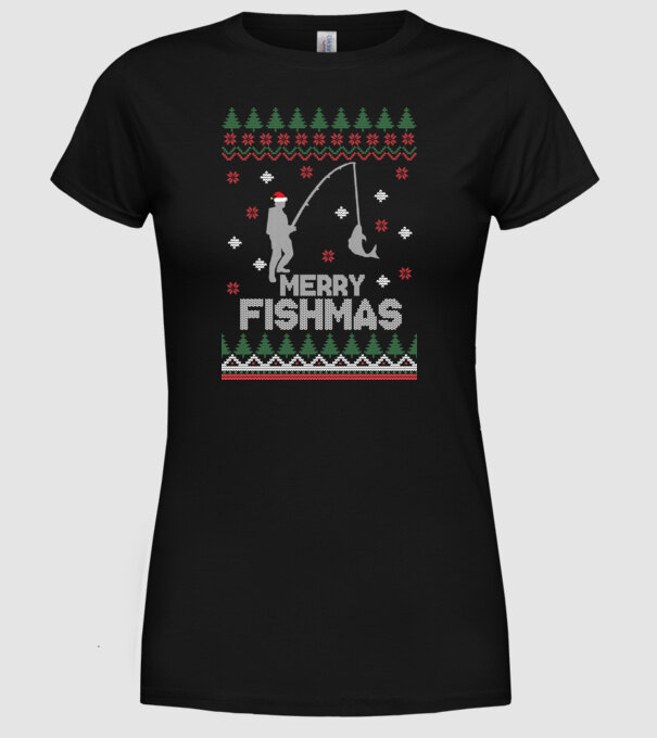 Merry Fishmas model negru pe tricou