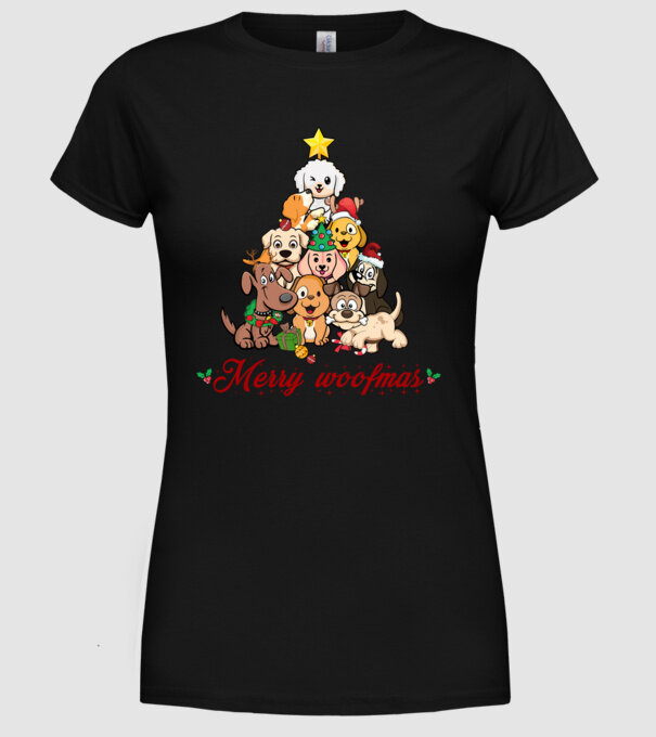 Merry woofmas model negru pe tricou
