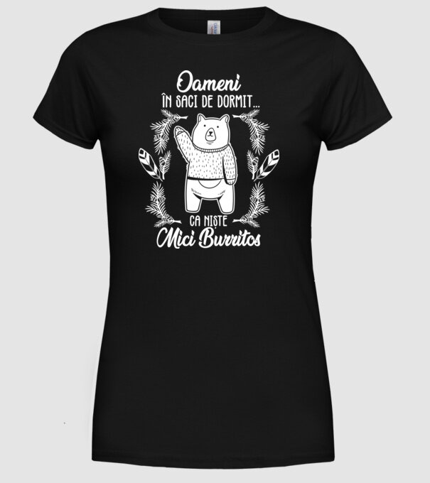 oameni în saci de dormit... ca niște mici burritos model negru pe tricou