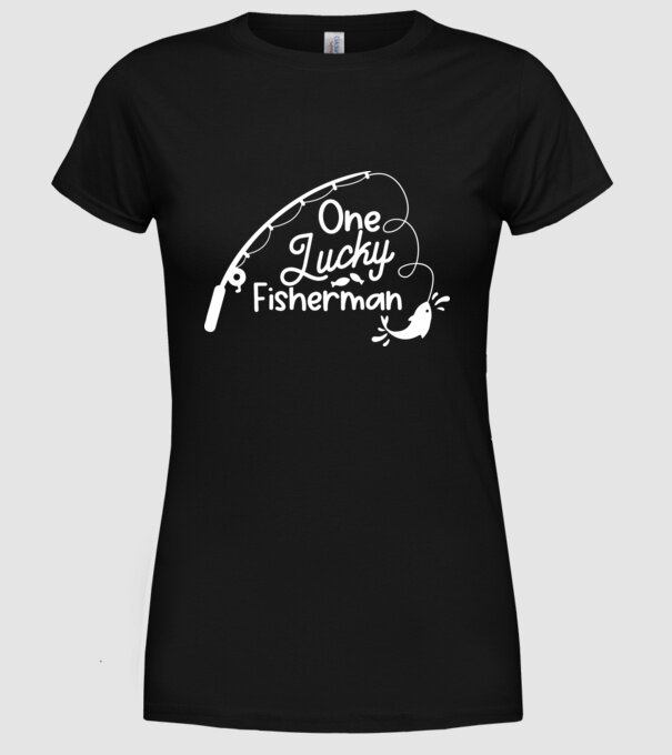 One lucky Fisherman model negru pe tricou