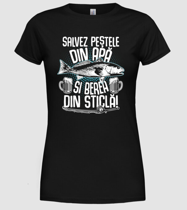 salvez peștele din apă și berea din sticlă model negru pe tricou