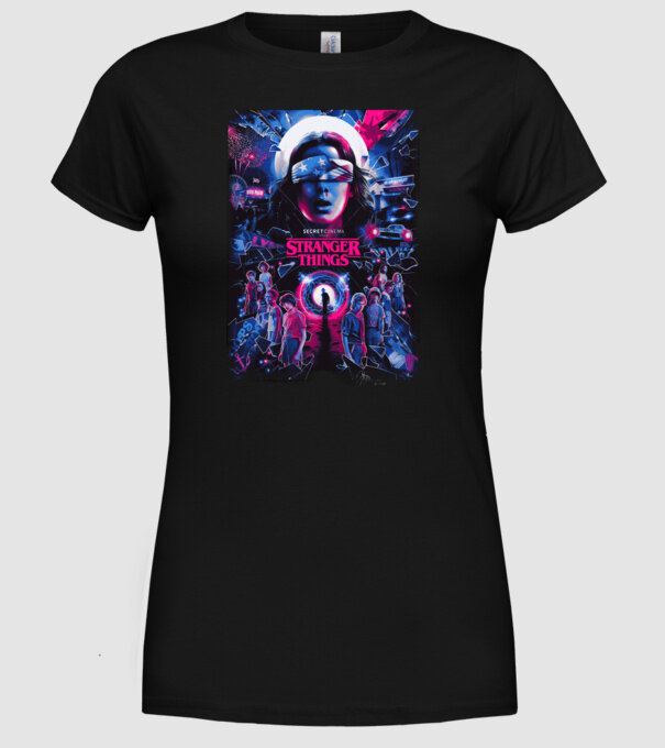 stranger things poster neon model negru pe tricou