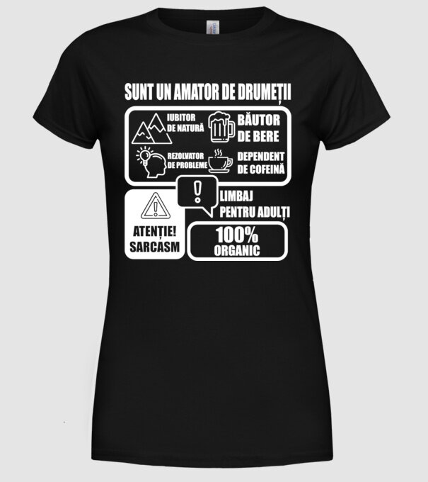 sunt un amator de drumeții - iubitor de natură - rezolvator de probleme - băutor de bere - dependent de cofeină - limbaj pentru model negru pe tricou