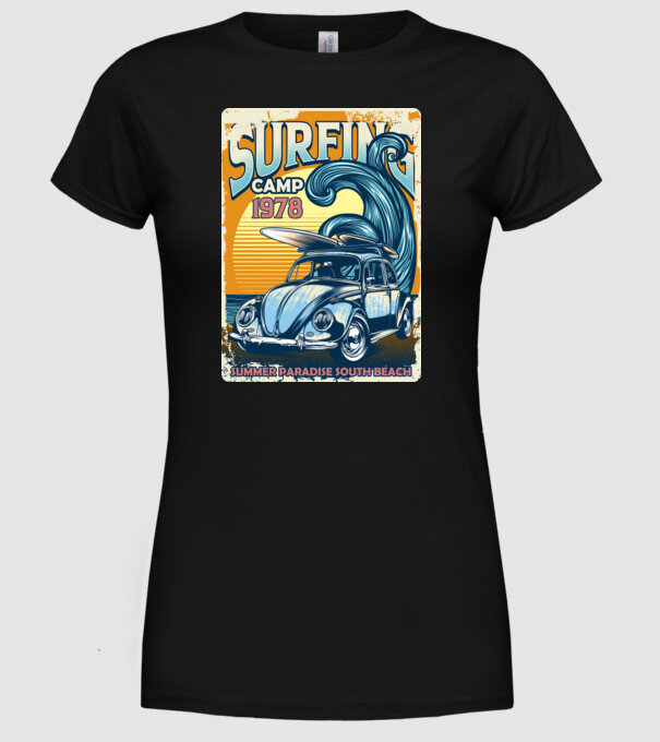 Surfer Camp model negru pe tricou