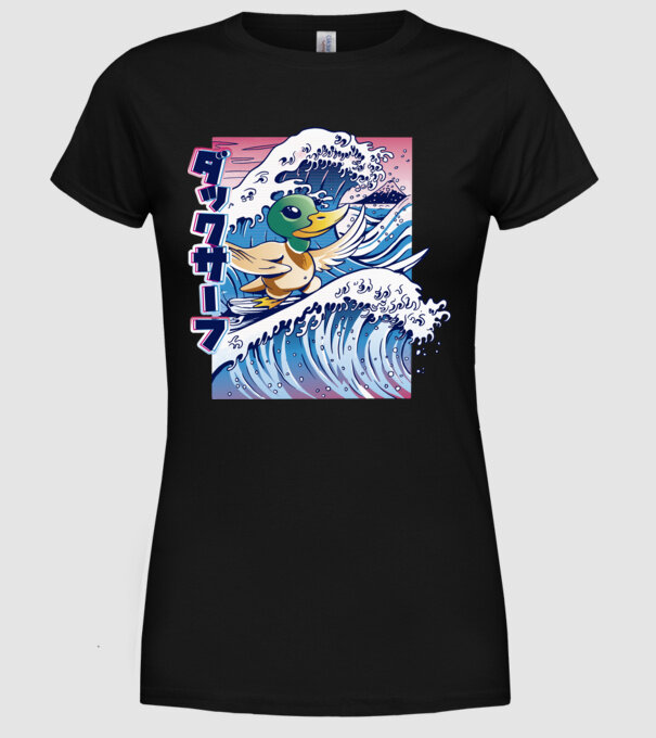 Surfer Duck model negru pe tricou