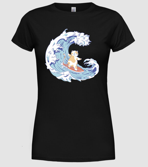 Surfer kitty model negru pe tricou