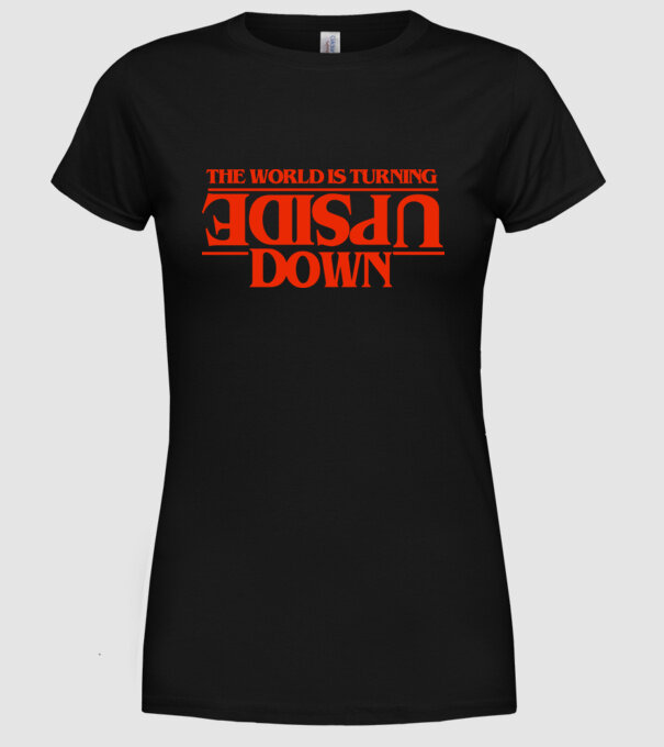 the world is turning upside down model negru pe tricou