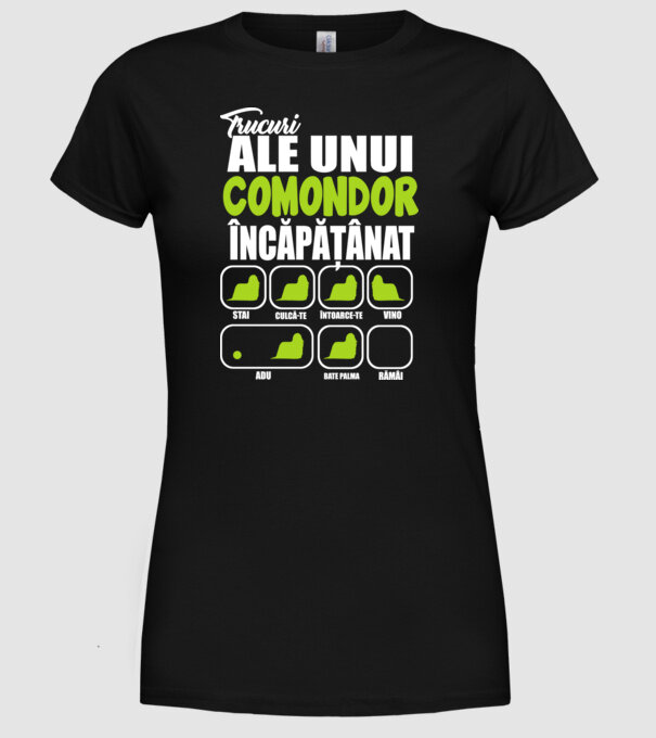 trucuri ale unui comondor încăpățânat stai, culcă-te, întoarce-te, vino, adu, bate palma, rămâi model negru pe tricou