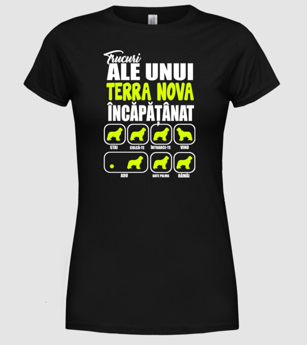 trucuri ale unui Terra Nova încăpățânat stai, culcă-te, întoarce-te, vino, adu, bate palma, rămâi model negru pe tricou