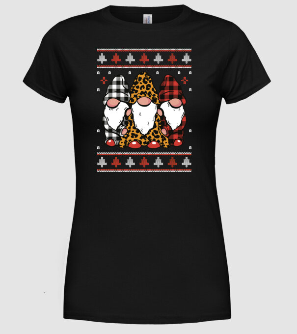 Ugly sweater gnomes model negru pe tricou