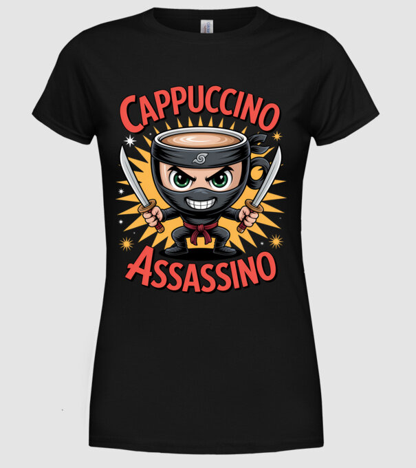 Cappuccino Assasino model negru pe tricou