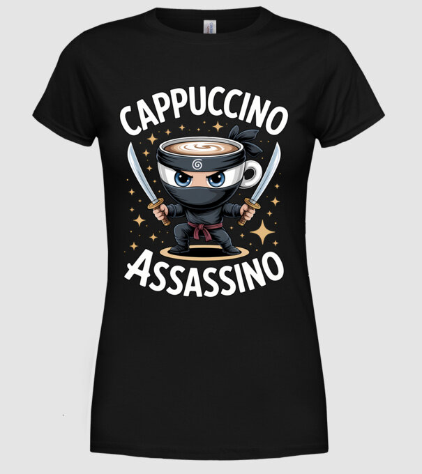 Cappuccino Assassino model negru pe tricou
