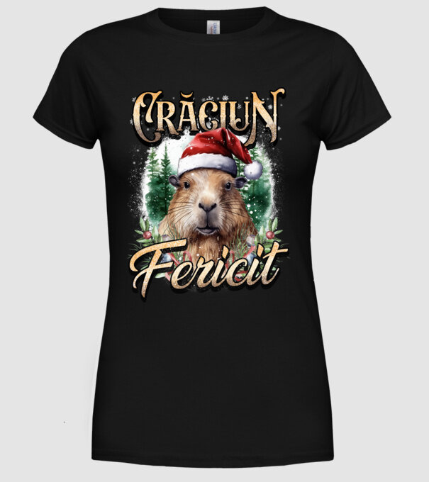 Capybara christmas model negru pe tricou