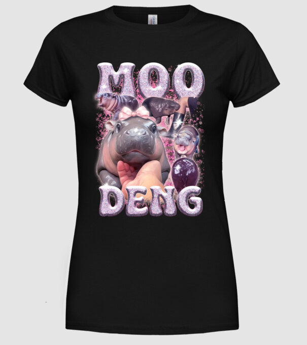 MOO DENG baby hippo model negru pe tricou