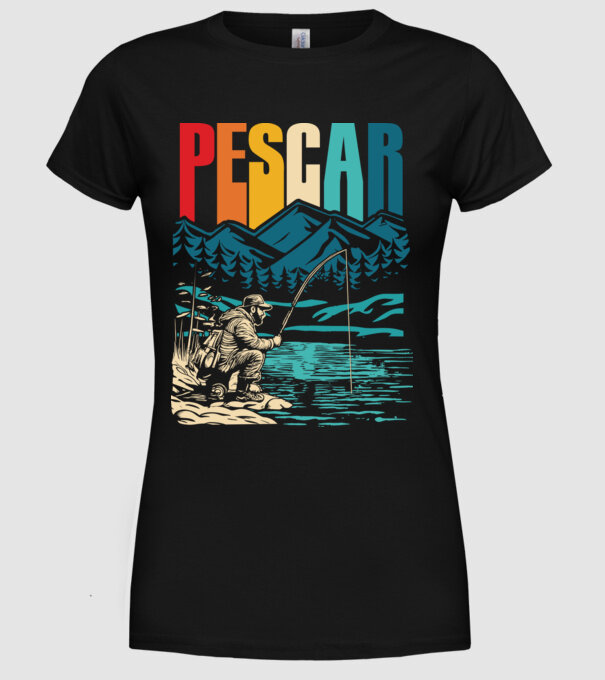 Pescar retro model negru pe tricou