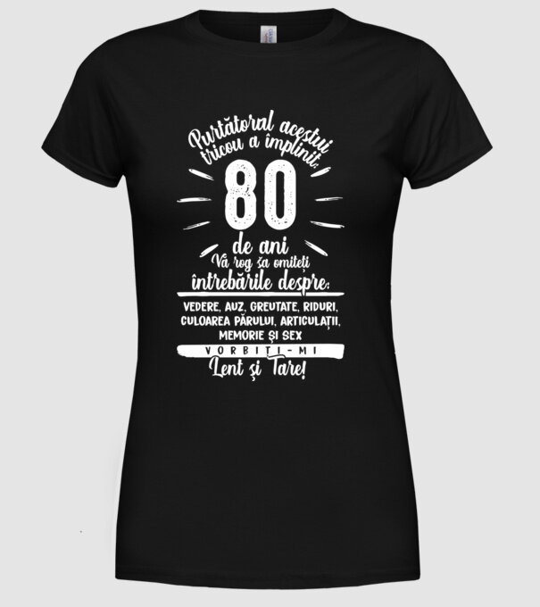 Purtătorul acestui tricou a împlinit: 80 de ani model negru pe tricou