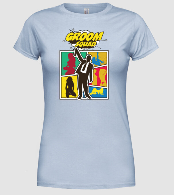 Comic Groom Squad model albastru deschis pe tricou
