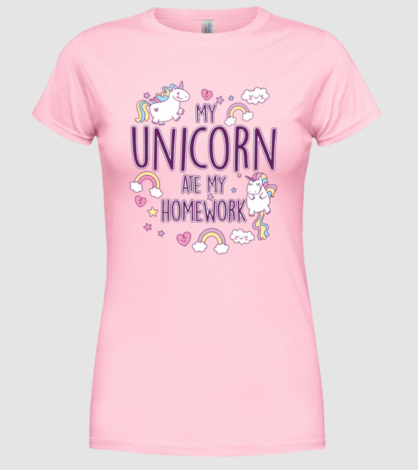 My unicorn ate my homework model roz deschis pe tricou