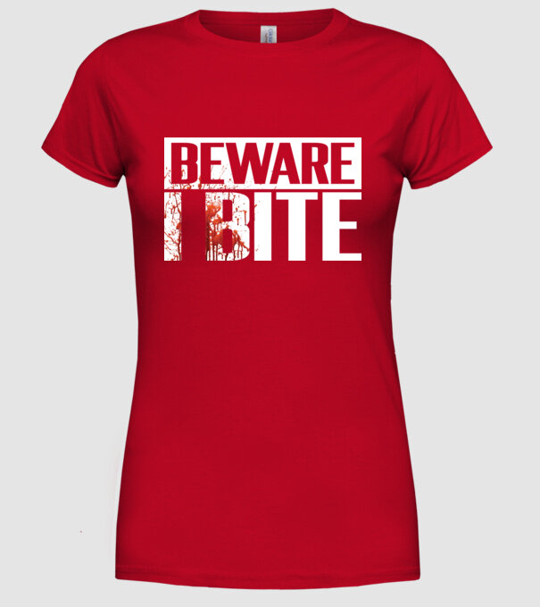 Beware i bite model roșu pe tricou