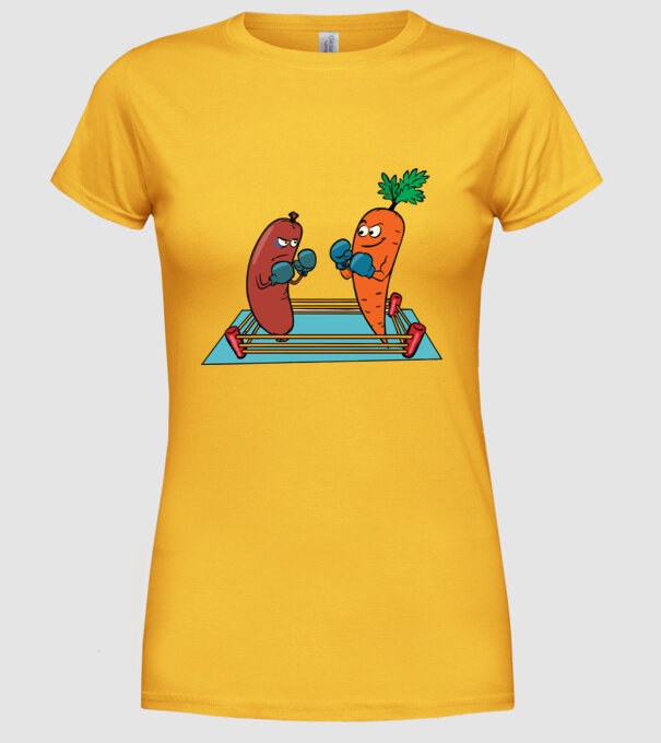 sausage vs carrot model galben pe tricou